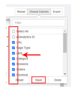 eZanalytics - Columns Checkbox eZanalytics - Columns Checkbox